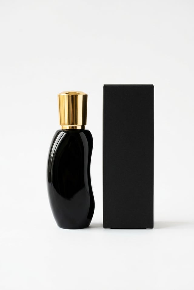 Curved black flask with its box, a sample picture
