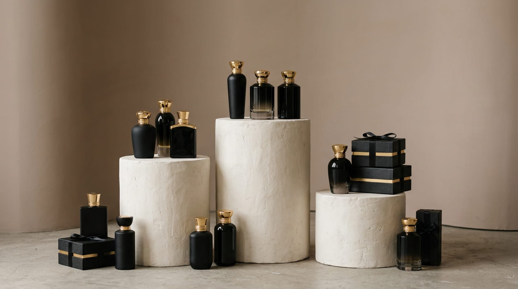 Black and gold perfume bottles and gift boxes arranged on three plaster plinths